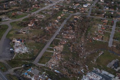 An aerial view of the tornadoes path through the town of Rolling Fork after thunderstorms spawning high straight-line winds and tornadoes ripped across the state, in Rolling Fork, Mississippi, U.S., March 26, 2023. REUTERS/Cheney Orr