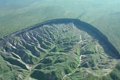 A view of the Batagaika crater, as permafrost thaws causing a megaslump in the eroding landscape, in Russia's Sakha Republic in this still image from video taken July 11 or 12, 2023. Reuters TV via REUTERS