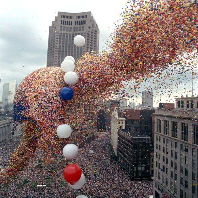 Over 1.5 million balloons rise from Public Square in Cleveland, Ohio, obscuring the Standard Oil Headquarters building, Sept. 27, 1986. Promoters of the event, the kickoff for the city's United Way campaign, claim the million and a half helium filled balloons was a world record for a single ascent. (AP Photo/Mark Duncan)