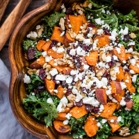 Roasted Sweet Potato Salad with Cranberries, Walnuts, and Goat Cheese — Foraged Dish