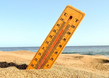 A selective focus shot of a thermometer in the beach sand with a blurred background