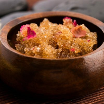 Homemade body peeling with sugar,  olive oil and rose petal,Image: 258506775, License: Royalty-free, Restrictions: , Model Release: no