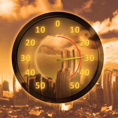 City with heat temperature on thermometer. Heat wave concept,Image: 376919697, License: Royalty-free, Restrictions: , Model Release: no