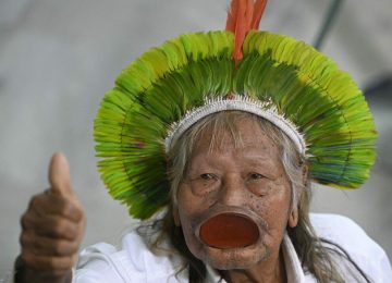 BRASILIA, BRAZIL - JUN 05 - Brazilian indigenous leader Raoni Metuktire gestures during an event for the World Environment Day at Planalto Palace in Brasilia, Brazil June 5, 2023. Mateus Bonomi / Anadolu Agency/ABACAPRESS.COM,Image: 781625662, License: Rights-managed, Restrictions: , Model Release: no