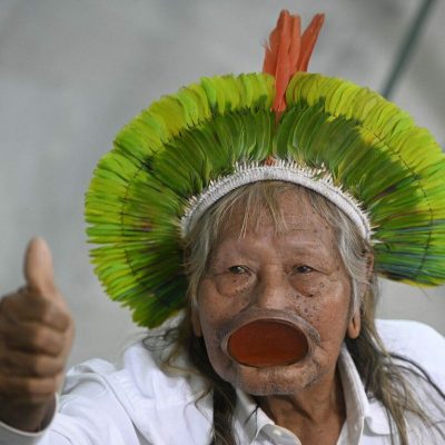 BRASILIA, BRAZIL - JUN 05 - Brazilian indigenous leader Raoni Metuktire gestures during an event for the World Environment Day at Planalto Palace in Brasilia, Brazil June 5, 2023. Mateus Bonomi / Anadolu Agency/ABACAPRESS.COM,Image: 781625662, License: Rights-managed, Restrictions: , Model Release: no