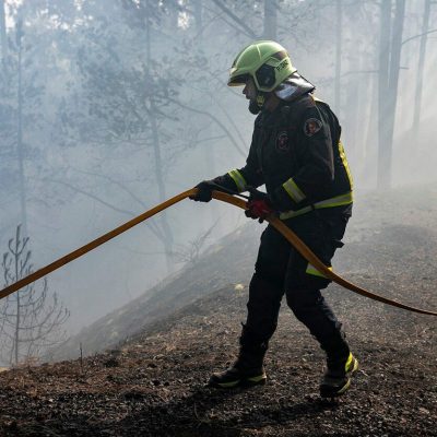 August 22, 2023, La Esperanza, Tenerife (Canary I, Spain: A firefighter works to extinguish a fire in Las Lagunetas, on August 22, in La Esperanza, Tenerife, Canary Islands (Spain). The fire originated last Tuesday, August 15, in the Arafo mountain on the island and has already burned almost 15,000 hectares. At present, the fire is out of control despite the work of the extinguishing teams and has reached a perimeter that covers almost 90 kilometers along ten municipalities, being the northern area the most worrying. The fire has not claimed any human lives and the flames have not burned any houses, although 12,000 residents have been evacuated...AUGUST 22;2023..Europa Press..08/22/2023,Image: 799307240, License: Rights-managed, Restrictions: * Spain Rights OUT *, Model Release: no