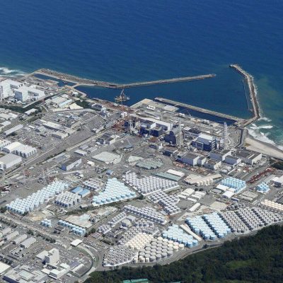 Photo taken on Aug. 22, 2023, from a Kyodo News helicopter shows a pile of tanks at the crippled Fukushima Daiichi nuclear power plant in Fukushima Prefecture, northeastern Japan, storing treated radioactive water from the plant. Japan started releasing the treated water into the ocean on Aug. 24 amid lingering concerns among local fishermen and some neighboring countries about the environmental impact.,Image: 799704161, License: Rights-managed, Restrictions: , Model Release: no