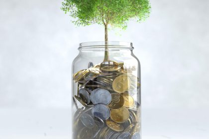 A tree grows on a coin in a glass jar, Money saving concept. 3D illustration